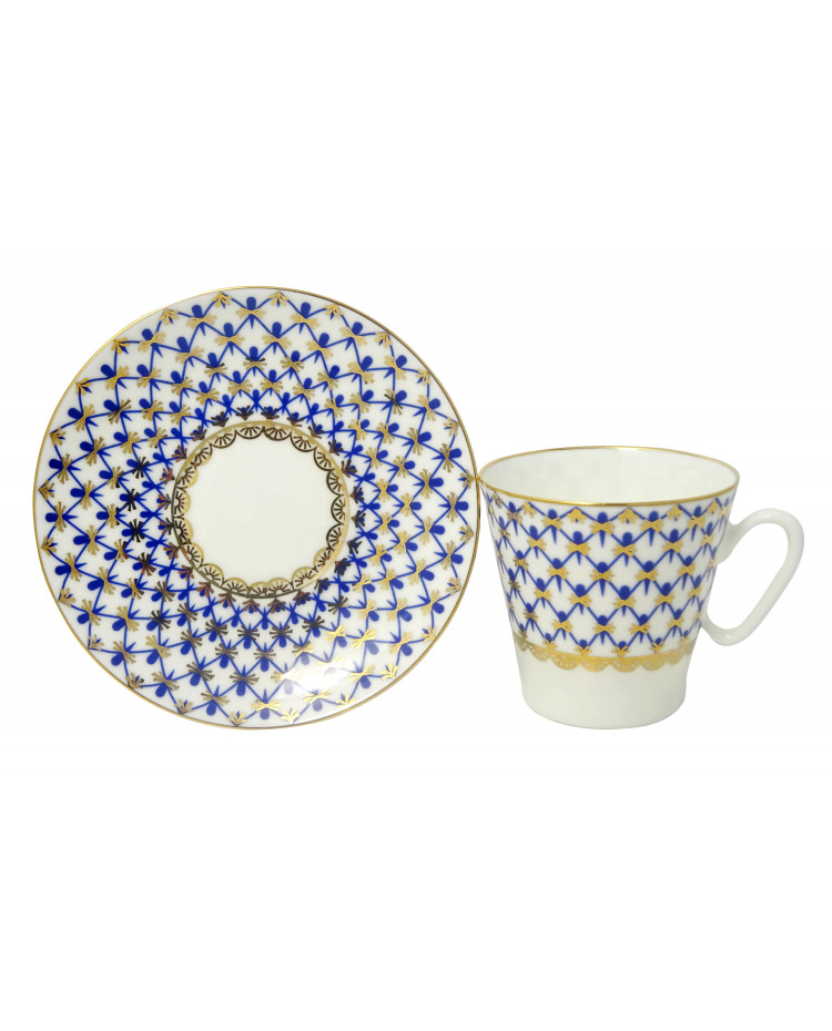Imperial Porcelain Tulip Cobalt Net Teacup & Saucer - Gold Leaf Russian China Set